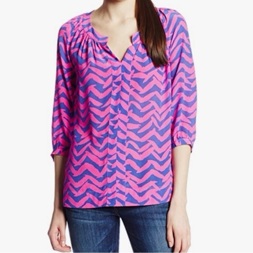 Lilly Pulitzer Moxy Silk Blouse Pink & Blue Size Medium